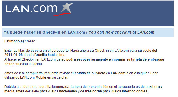 Checkin online LAN - Email recebido
