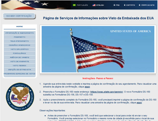 Site para o agendamento do visto para os Estados Unidos