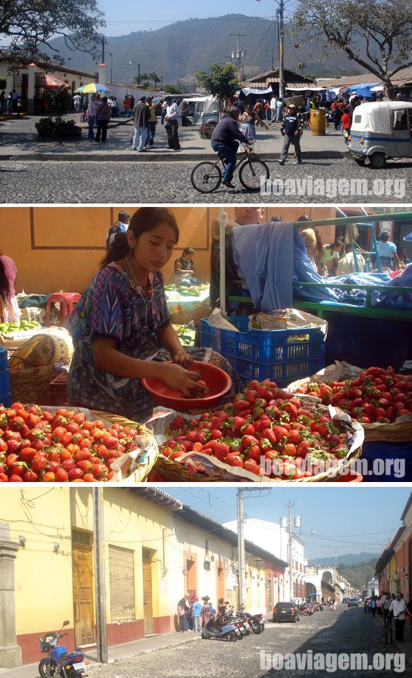 Ruas de pedra em Antigua e mulher vendendo morangos
