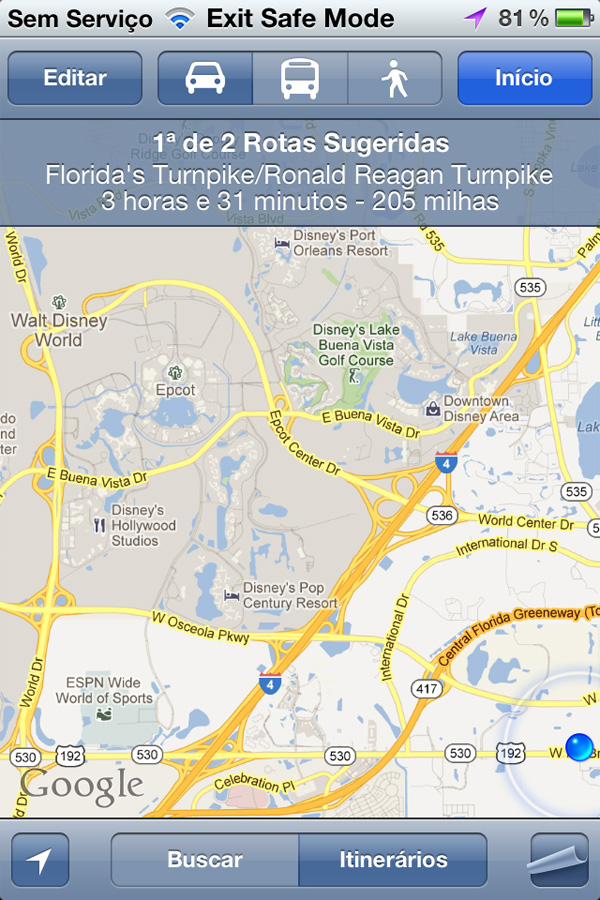 Já em Kissimme o GPS apontava a minha distância da Disney World