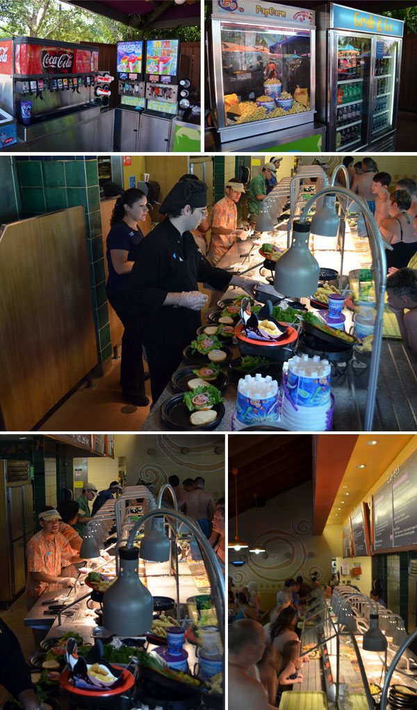 Existem vários restaurantes e fast-foods para bem servir os visitantes do Aquática