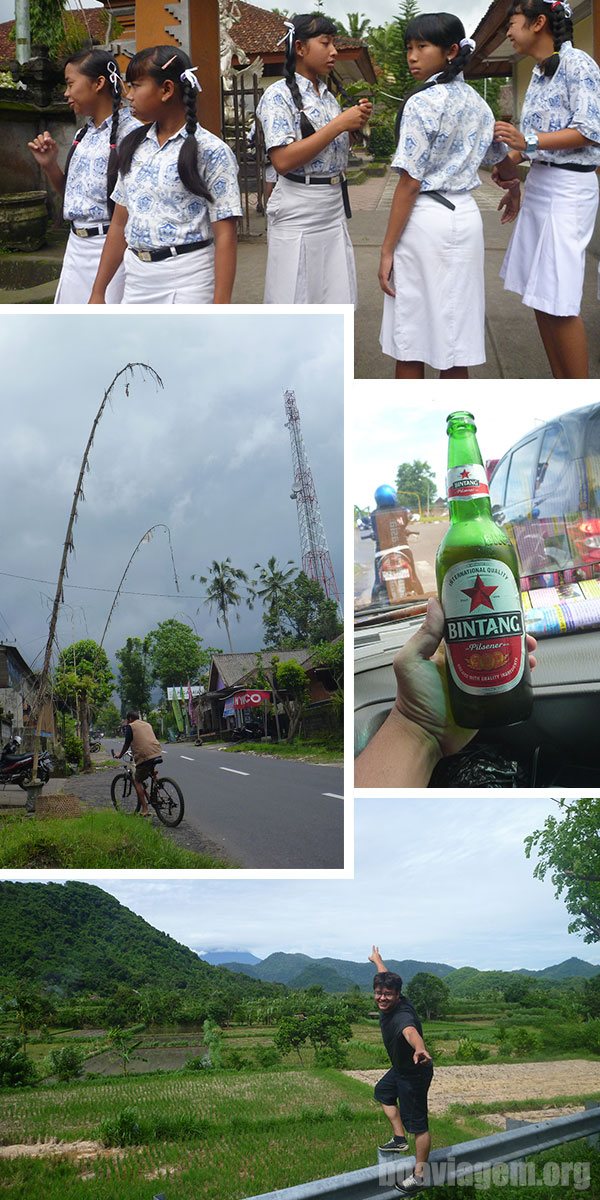 Garotas saindo do colégio, cerveja Bintang, enfeites na beira das estradas e muitos campos de arroz