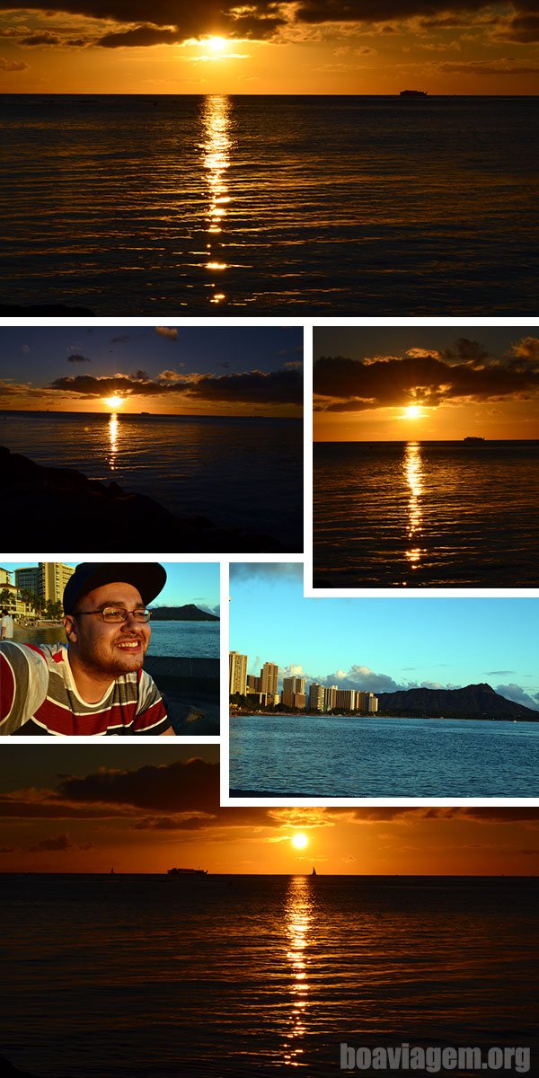 Meu primeiro pôr do sol no Havaí, na praia de Waikiki, ilha de Oahu