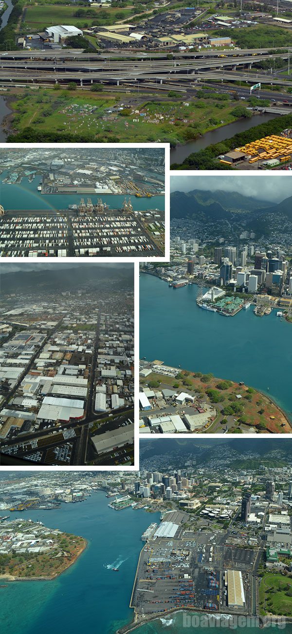 Vista aérea do porto de Oahu e do complexo de rodovias que parte do aeroporto