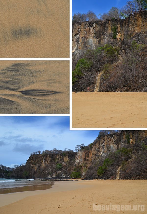 Escadarias do Sancho, areia marrom e visão geral das falésias do Sancho