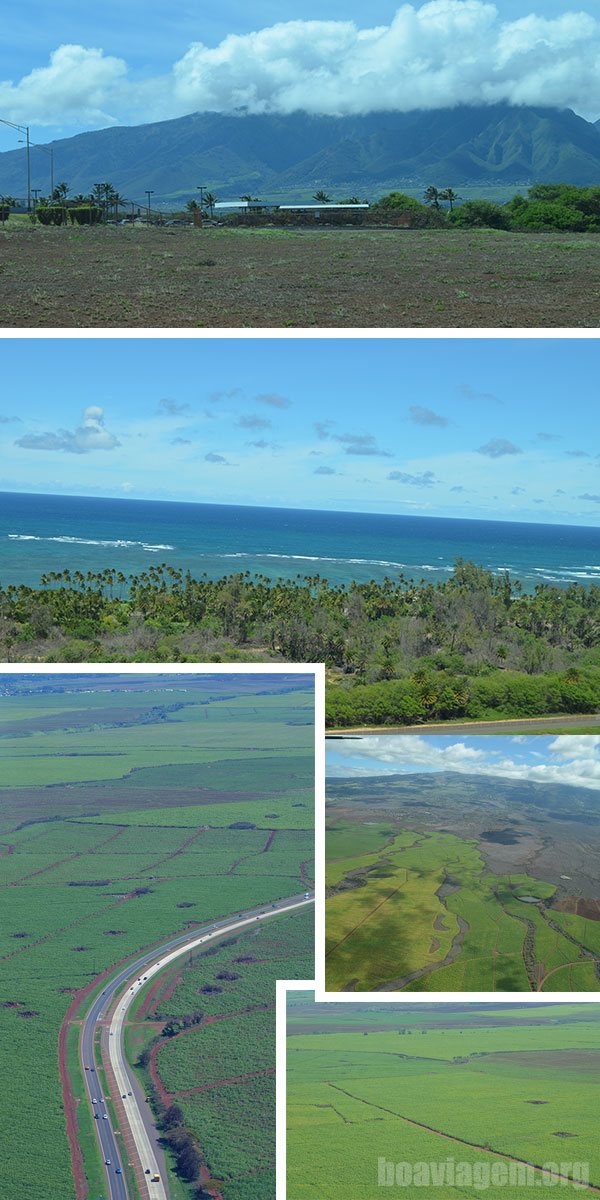 Vista aérea de Maui - rodovias, plantações, praias, vulcão