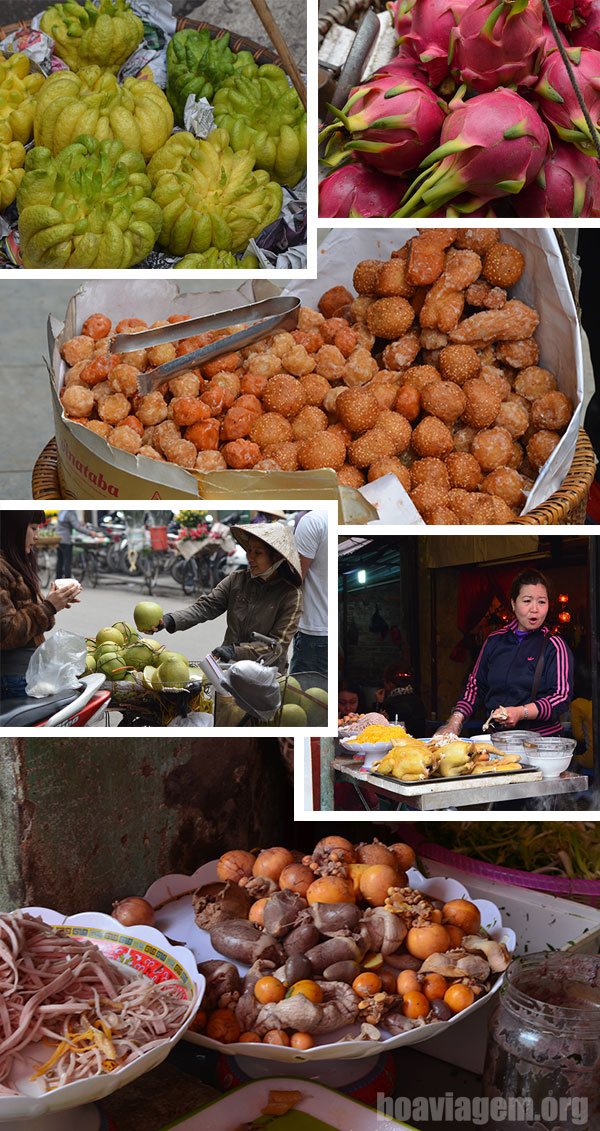 Comerciantes de comida de rua e algumas de suas mercadorias