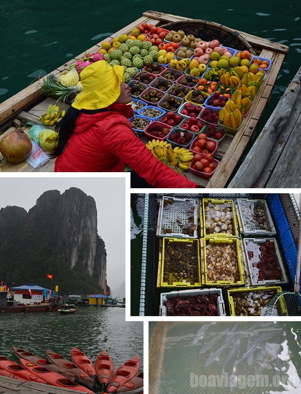 Vendedores de frutas, peixes e mariscos; caiaques para alugar