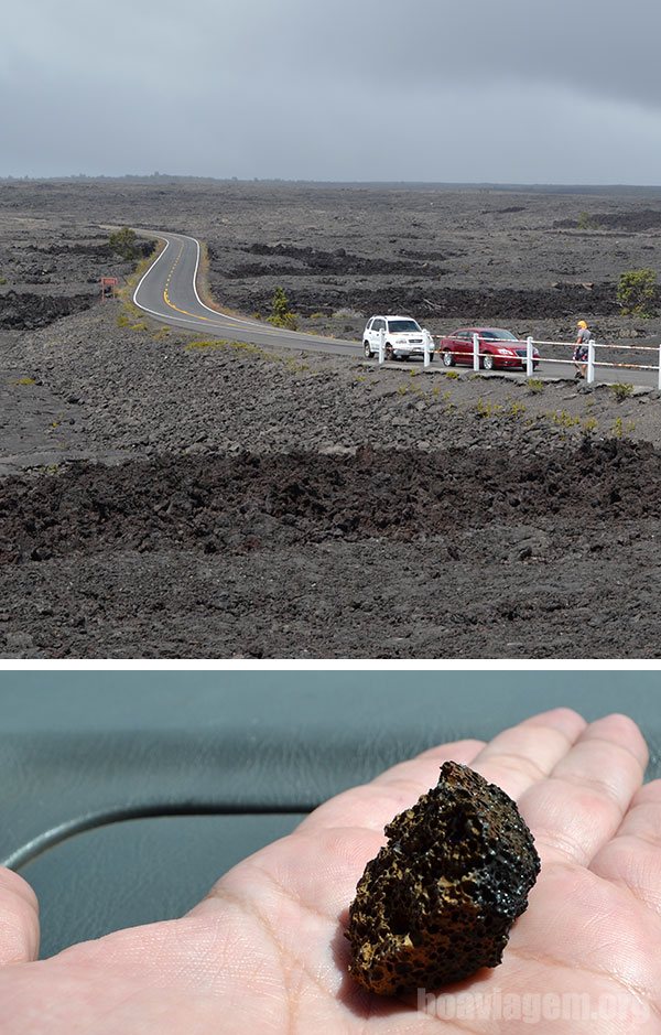 Estrada no Parque Nacional dos Vulcões da Big Island e uma pedrinha vulcânica