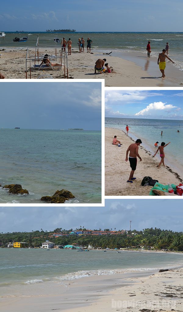 Areia branca, mar calmo de temperatura agradável em San Andrés, no Caribe