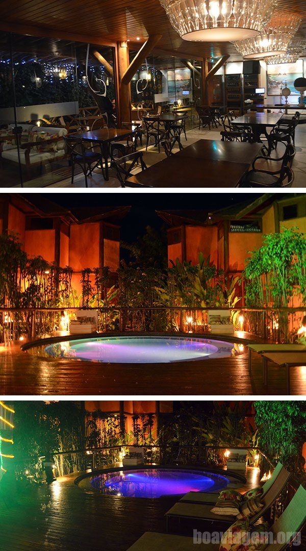 Belíssima piscina aquecida é convidativa para as noites dos hóspedes da Pousada Tribojú