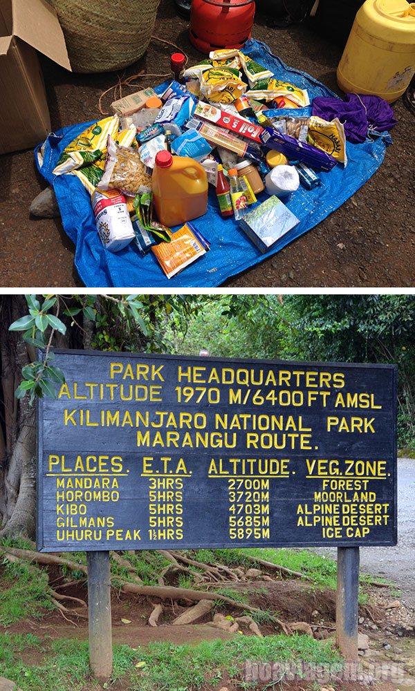 Placa na entrada do Parque Kilimanjaro e suprimentos para 4 dias