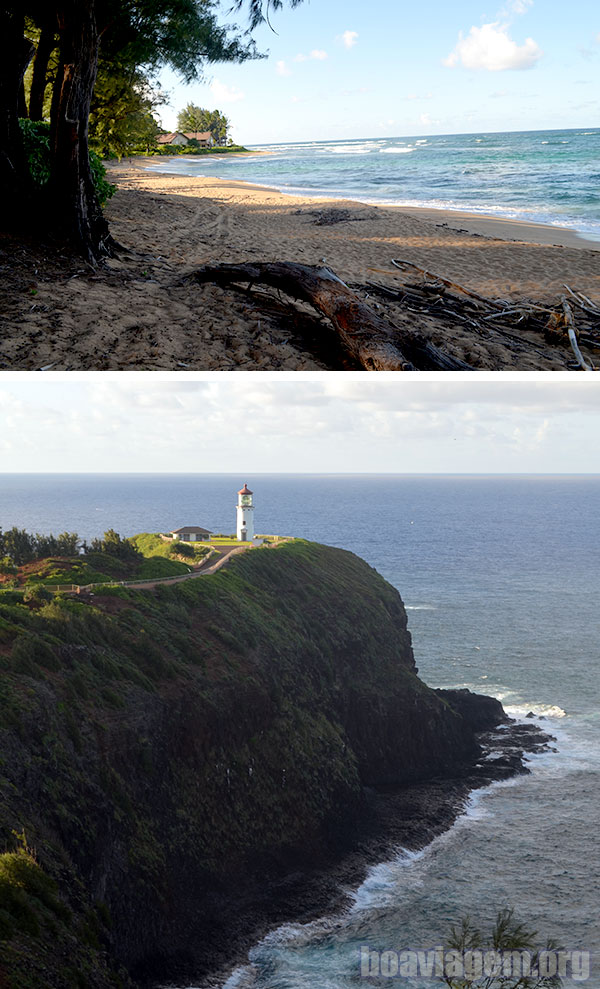 Praia deserta e o Kilauea Lighthouse