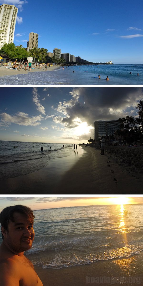 Pôr do sol tomando banho de mar em Waikiki