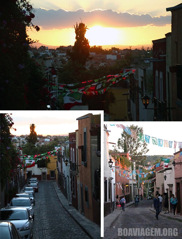 Pôr do sol nas ruas de pedra de San Miguel de Allende