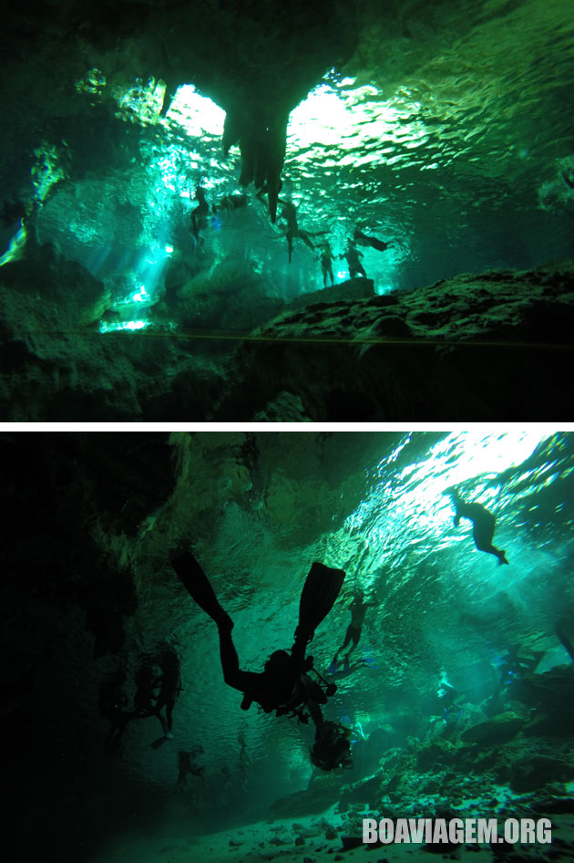 Espetáculo de luzes nos mergulhos com cilindro no Cenote Dós Ojos