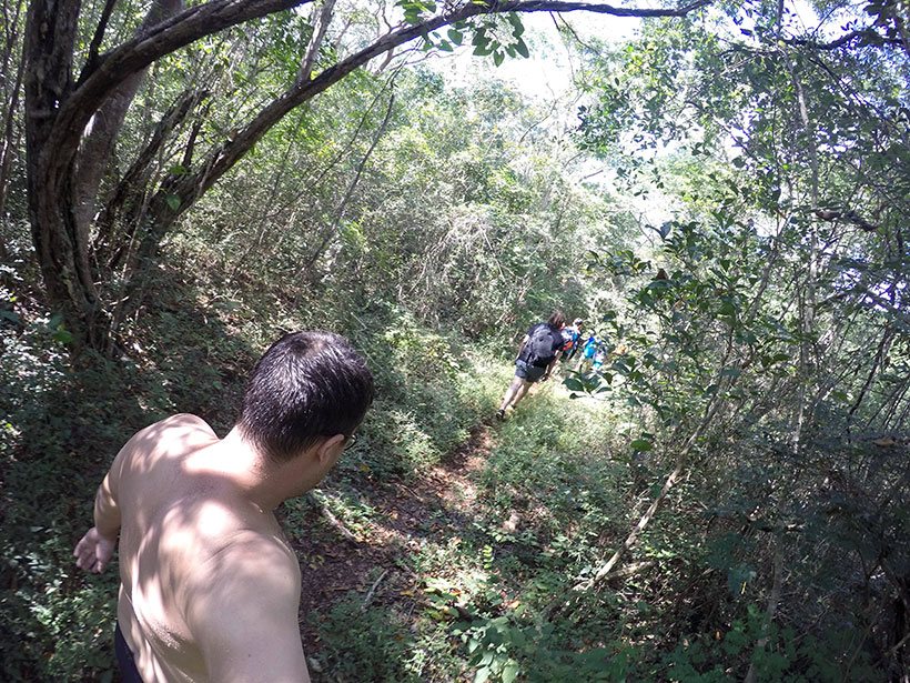 Caminhando por uma trilha rumo ao segundo cenote em Yucatán