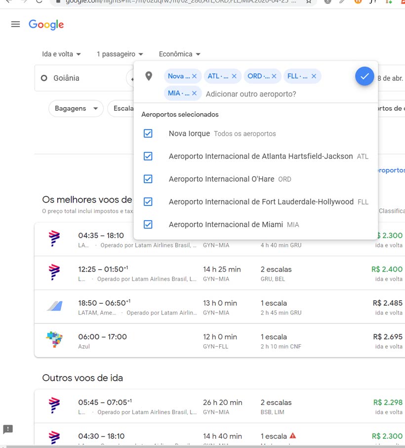 Exemplo de pesquisa por múltiplos destinos no Google Flights