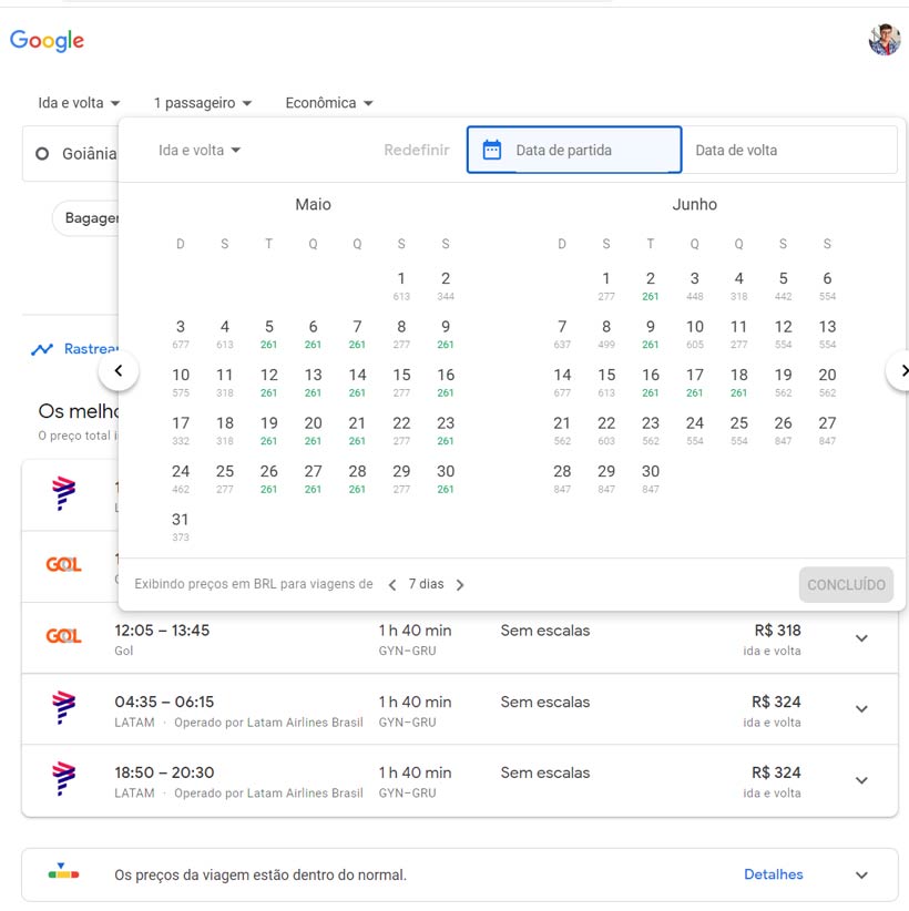 Pesquisa de voos nacionais no Google Flights
